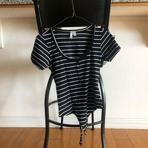 Black and white striped short sleeve jumpsuit